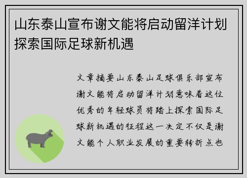 山东泰山宣布谢文能将启动留洋计划探索国际足球新机遇 山东泰山宣布谢文能将启动留洋计划探索国际足球新机遇